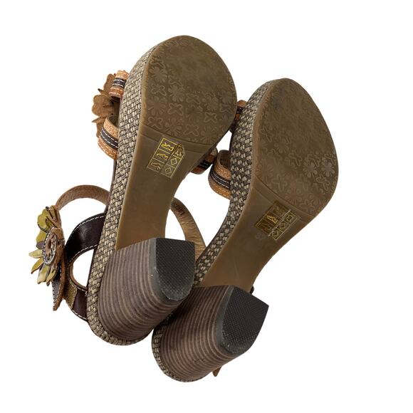 Spring Step Lavish Floral Applique Leather Block Heel Sandal Brown 37 / US 6.5 - Picture 6 of 8